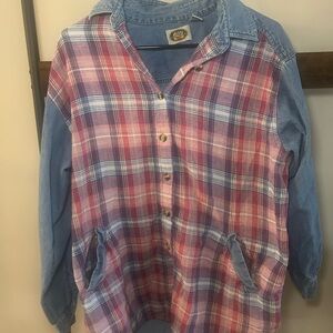 Vtg CM Company Grandmacore Plaid Denim Mix Button Up Shirt Medium 100% Cotton